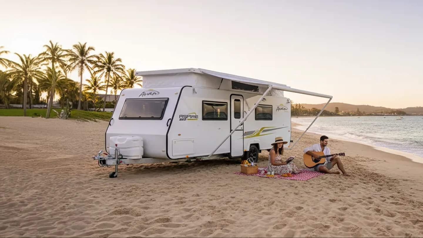 Beach scene with caravan at sunrise