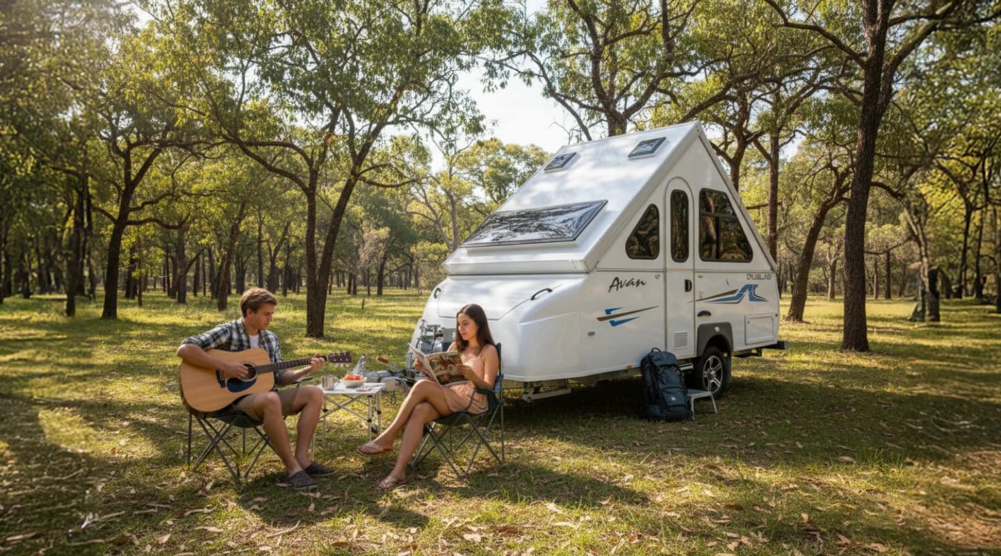 Camper trailer in a grassy woodland setting with people relaxing